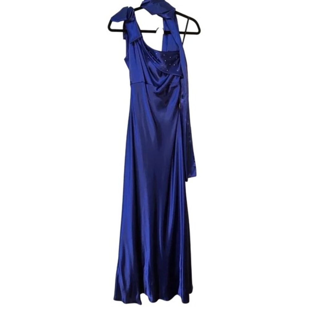 Vintage Let's Blue‎ Satin Rhinestone One Shoulder Gala Prom Maxi Dress XS 3793
